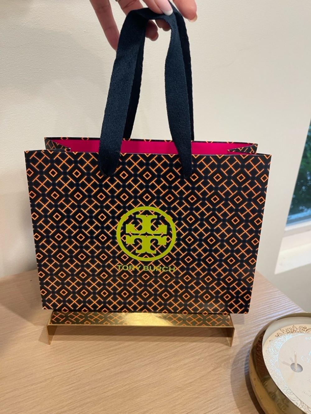 Tory Burch Black and Orange Mini Logo Tote with Neon Yellow Accent